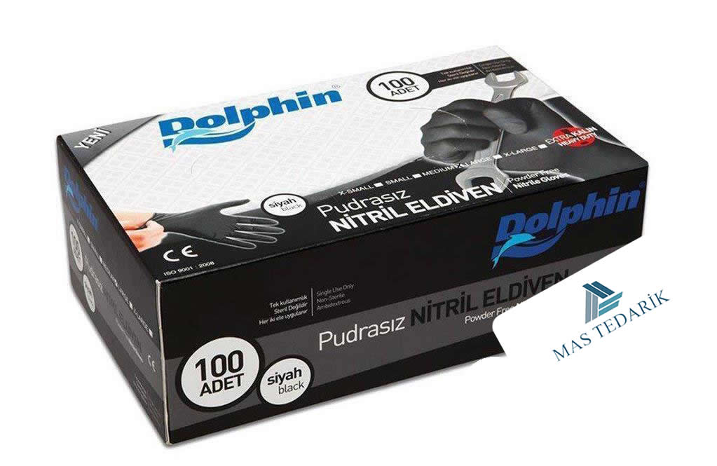 Dolphin Ekstra Kalın Siyah Nitril Eldiven Pudrasız 100’lü Paket